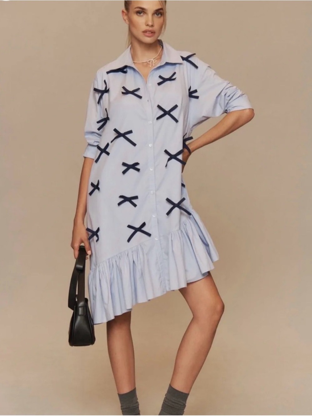 Maeve Light Blue Asymmetrical Shirt Dress with Navy Bow Appliqués